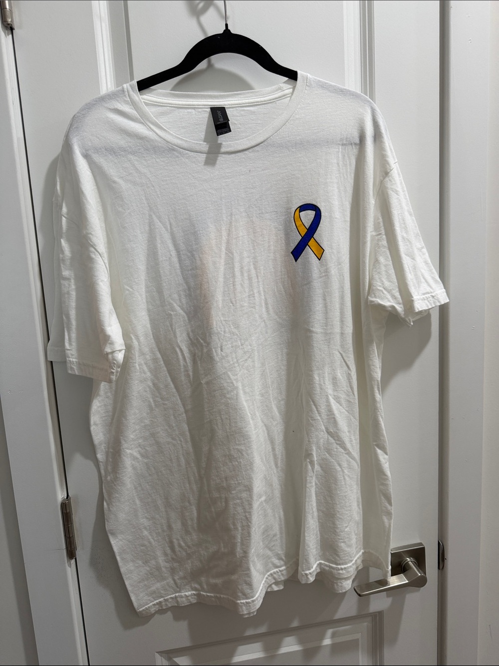 Gildan White Short-Sleeve Tee with Blue & Yellow Ribbon Patch